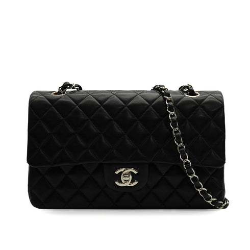 VINTAGE CHANEL CLASSIC FLAP MEDIUM CHAIN SHOULDER BAG BLACK LAMB SKIN SILVER HARDWARE 90342426