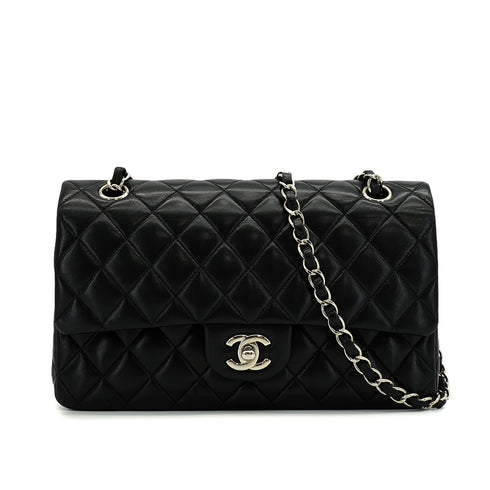 VINTAGE CHANEL CLASSIC FLAP MEDIUM CHAIN SHOULDER BAG BLACK LAMB SKIN SILVER HARDWARE 90344389