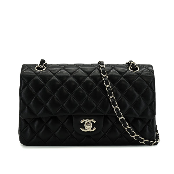 VINTAGE CHANEL CLASSIC FLAP MEDIUM CHAIN SHOULDER BAG BLACK LAMB SKIN SILVER HARDWARE 90344389