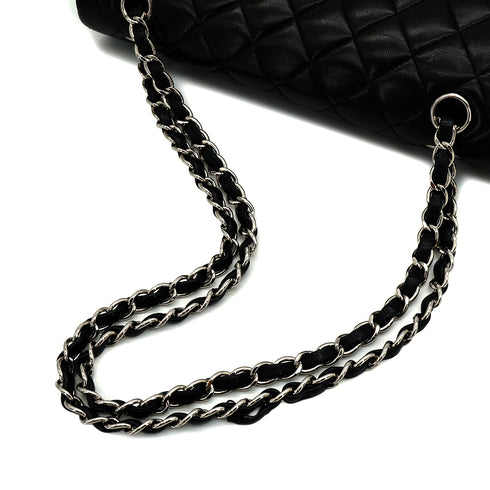 VINTAGE CHANEL CLASSIC FLAP MEDIUM CHAIN SHOULDER BAG BLACK LAMB SKIN SILVER HARDWARE 90344389