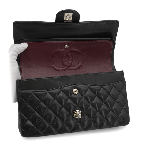 VINTAGE CHANEL CLASSIC FLAP MEDIUM CHAIN SHOULDER BAG BLACK LAMB SKIN SILVER HARDWARE 90344389