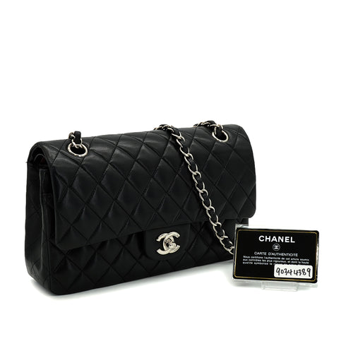 VINTAGE CHANEL CLASSIC FLAP MEDIUM CHAIN SHOULDER BAG BLACK LAMB SKIN SILVER HARDWARE 90344389