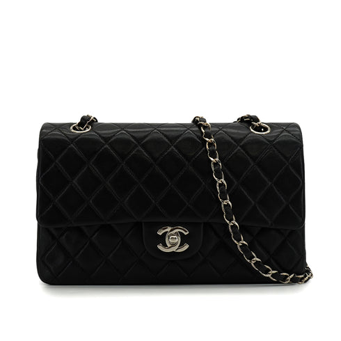 VINTAGE CHANEL CLASSIC FLAP MEDIUM CHAIN SHOULDER BAG BLACK LAMB SKIN SILVER HARDWARE 90344446