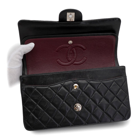 VINTAGE CHANEL CLASSIC FLAP MEDIUM CHAIN SHOULDER BAG BLACK LAMB SKIN SILVER HARDWARE 90344446