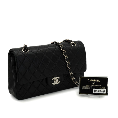 VINTAGE CHANEL CLASSIC FLAP MEDIUM CHAIN SHOULDER BAG BLACK LAMB SKIN SILVER HARDWARE 90344446