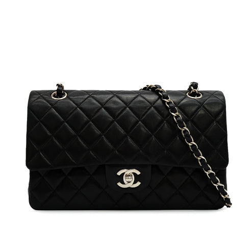 VINTAGE CHANEL CLASSIC FLAP MEDIUM CHAIN SHOULDER BAG BLACK LAMB SKIN SILVER HARDWARE 90345067