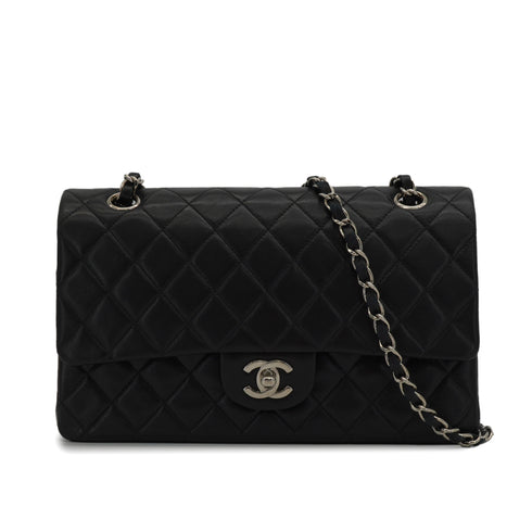 VINTAGE CHANEL CLASSIC FLAP MEDIUM CHAIN SHOULDER BAG BLACK LAMB SKIN SILVER HARDWARE 90347774
