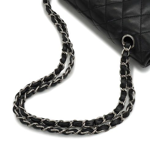 VINTAGE CHANEL CLASSIC FLAP MEDIUM CHAIN SHOULDER BAG BLACK LAMB SKIN SILVER HARDWARE 90350415