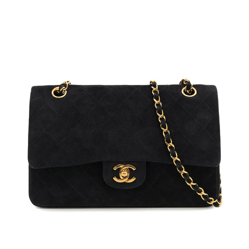 VINTAGE CHANEL CLASSIC FLAP MEDIUM CHAIN SHOULDER BAG BLACK SUEDE GOLD HARDWARE 90321627
