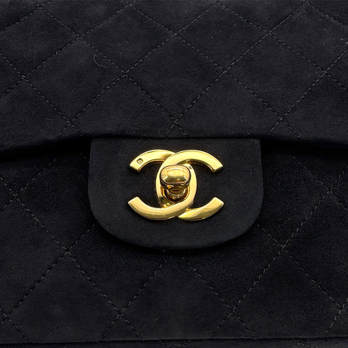 VINTAGE CHANEL CLASSIC FLAP MEDIUM CHAIN SHOULDER BAG BLACK SUEDE GOLD HARDWARE 90321627