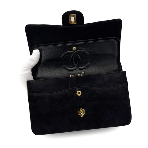 VINTAGE CHANEL CLASSIC FLAP MEDIUM CHAIN SHOULDER BAG BLACK SUEDE GOLD HARDWARE 90321627