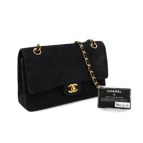 VINTAGE CHANEL CLASSIC FLAP MEDIUM CHAIN SHOULDER BAG BLACK SUEDE GOLD HARDWARE 90321627