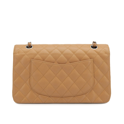VINTAGE CHANEL CLASSIC FLAP MEDIUM CHAIN SHOULDER BAG CAMEL CAVIAR SKIN SILVER HARDWARE 90322909
