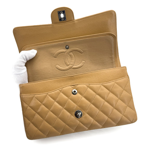 VINTAGE CHANEL CLASSIC FLAP MEDIUM CHAIN SHOULDER BAG CAMEL CAVIAR SKIN SILVER HARDWARE 90322909