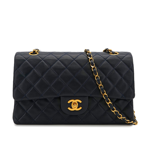 VINTAGE CHANEL CLASSIC FLAP MEDIUM CHAIN SHOULDER BAG NAVY LAMB SKIN GOLD HARDWARE 90325348