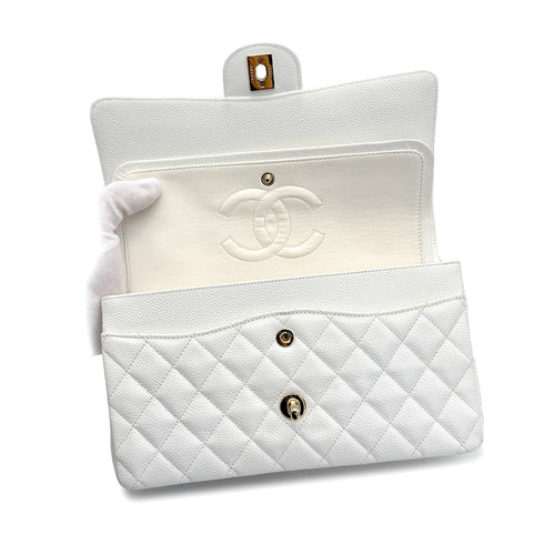 VINTAGE CHANEL CLASSIC FLAP MEDIUM CHAIN SHOULDER BAG WHITE CAVIAR SKIN GOLD HARDWARE 90321011
