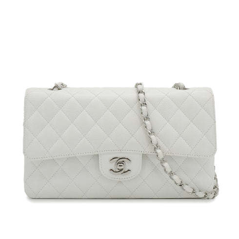 VINTAGE CHANEL CLASSIC FLAP MEDIUM CHAIN SHOULDER BAG WHITE CAVIR SKIN SILVER HARDWARE 90343863
