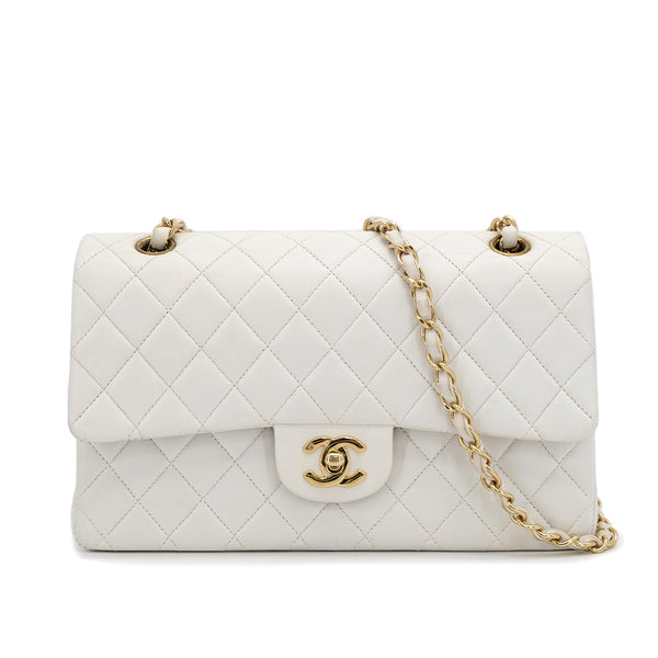 VINTAGE CHANEL CLASSIC FLAP MEDIUM CHAIN SHOULDER BAG WHITE LAMB SKIN GOLD HARDWARE 90318633