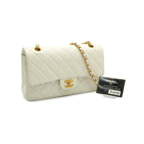 VINTAGE CHANEL CLASSIC FLAP MEDIUM CHAIN SHOULDER BAG WHITE LAMB SKIN GOLD HARDWARE 90341715