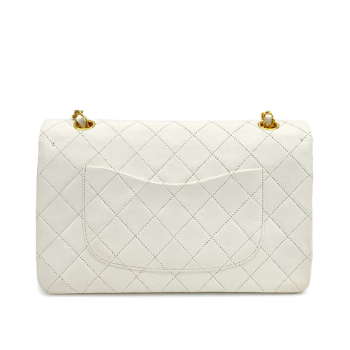 VINTAGE CHANEL CLASSIC FLAP MEDIUM CHAIN SHOULDER BAG WHITE LAMB SKIN GOLD HARDWARE 90309164