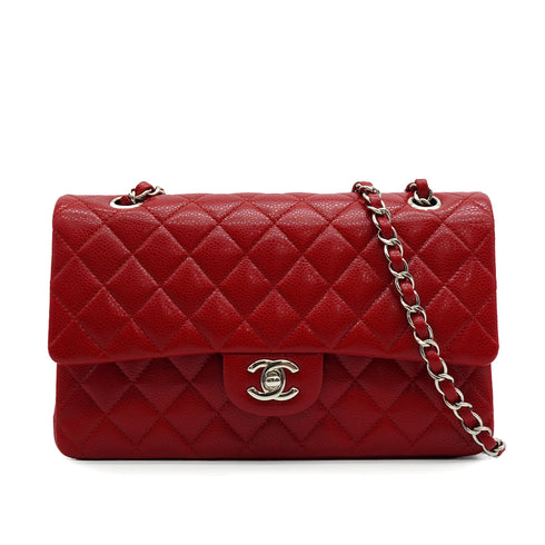 CHANEL CLASSIC FLAP MEDIUM CHAIN SHUOLDER BAG RED CAVIAR SKIN SILVER HARDWARE 90339659