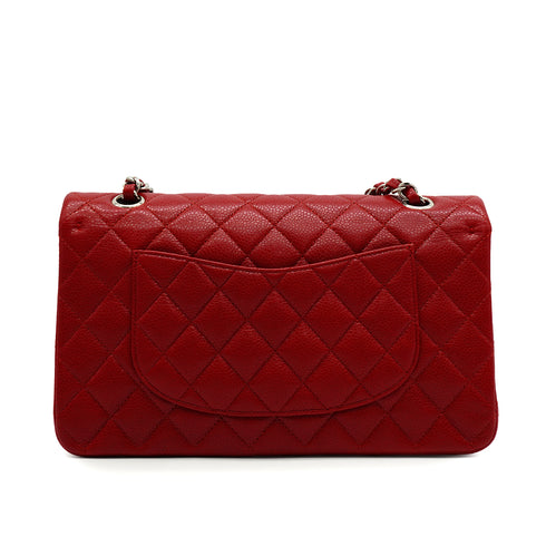 CHANEL CLASSIC FLAP MEDIUM CHAIN SHUOLDER BAG RED CAVIAR SKIN SILVER HARDWARE 90339659