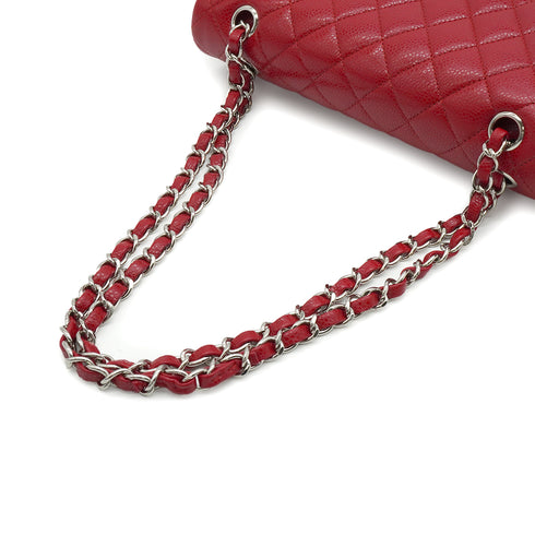 CHANEL CLASSIC FLAP MEDIUM CHAIN SHUOLDER BAG RED CAVIAR SKIN SILVER HARDWARE 90339659