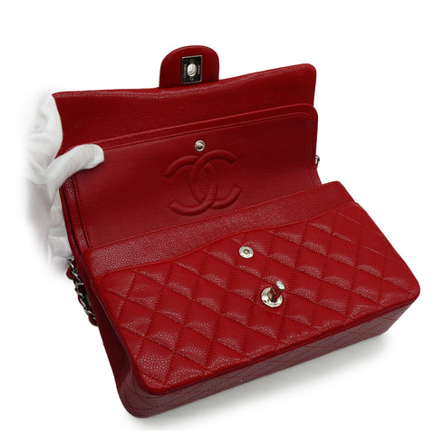 CHANEL CLASSIC FLAP MEDIUM CHAIN SHUOLDER BAG RED CAVIAR SKIN SILVER HARDWARE 90339659