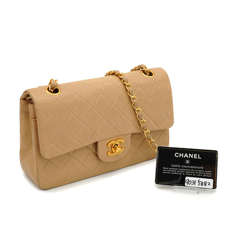 VINTAGE CHANEL CLASSIC FLAP SMALL CHAIN SHOULDER BAG BEIGE LAMB SKIN GOLD HARDWARE 90315882