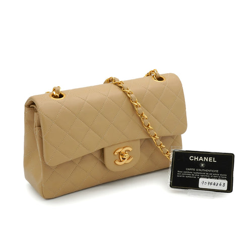 VINTAGE CHANEL CLASSIC FLAP SMALL CHAIN SHOULDER BAG BEIGE LAMB SKIN GOLD HARDWARE 90344363