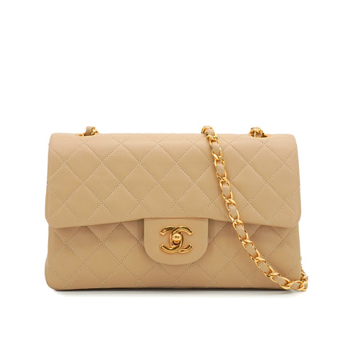 VINTAGE CHANEL CLASSIC FLAP SMALL CHAIN SHOULDER BAG BEIGE LAMB SKIN GOLD HARDWARE 90344363
