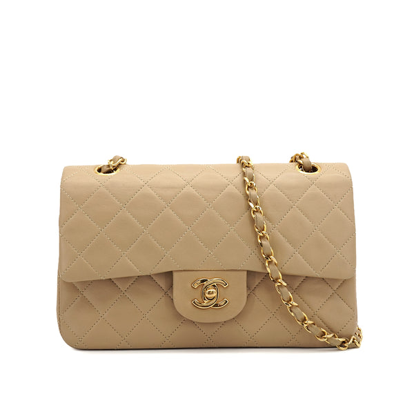 VINTAGE CHANEL CLASSIC FLAP SMALL CHAIN SHOULDER BAG BEIGE LAMB SKIN GOLD HARDWARE 90350597