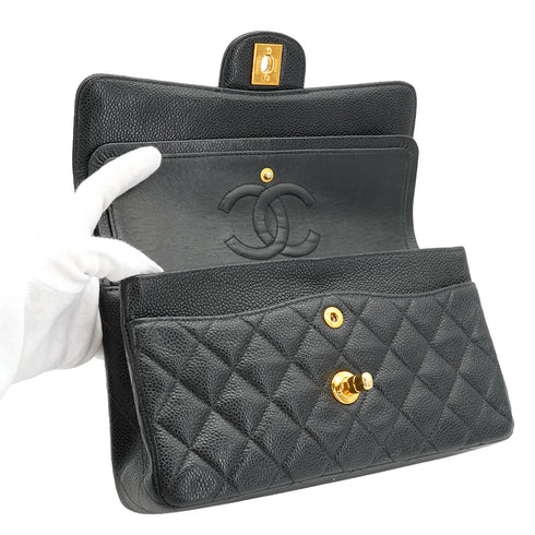 VINTAGE CHANEL CLASSIC FLAP SMALL CHAIN SHOULDER BAG BLACK CAVIAR SKIN GOLD HARDWARE 90334164