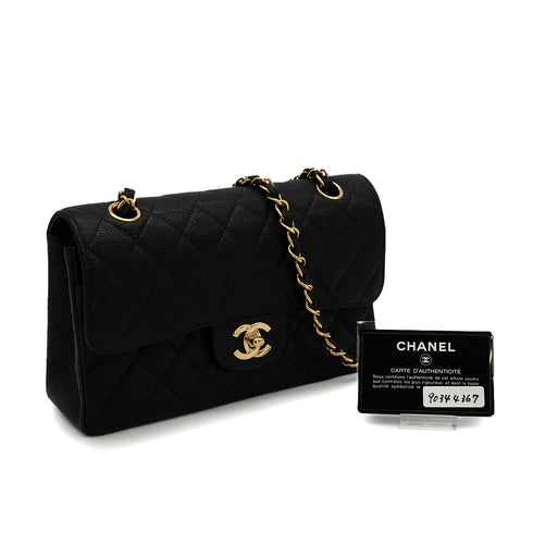 VINTAGE CHANEL CLASSIC FLAP SMALL CHAIN SHOULDER BAG BLACK CAVIR SKIN GOLD HARDWARE 90344367