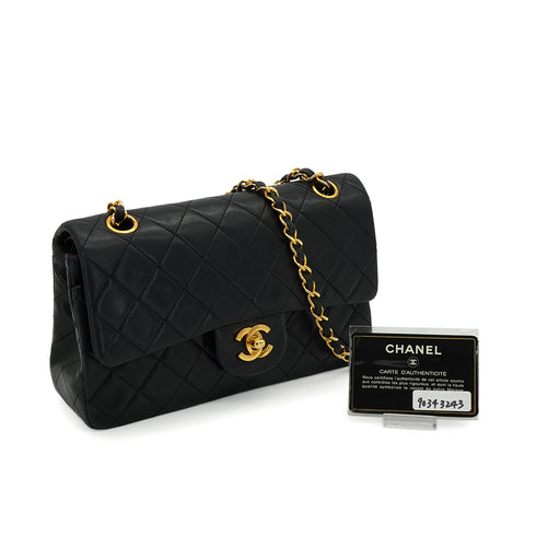 VINTAGE CHANEL CLASSIC FLAP SMALL CHAIN SHOULDER BAG BLACK LAMB SKIN GOLD HARDWARE 90343243