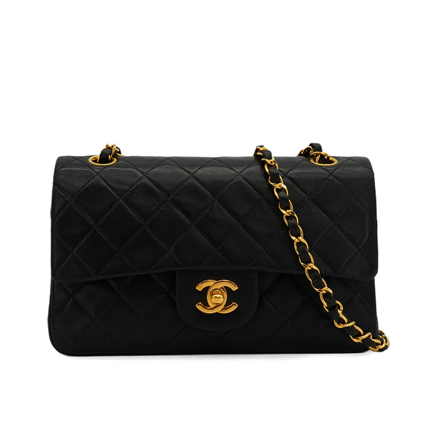 VINTAGE CHANEL CLASSIC FLAP SMALL CHAIN SHOULDER BAG BLACK LAMB SKIN GOLD HARDWARE 90350424