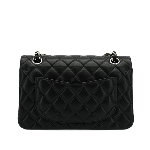 CHANEL CLASSIC FLAP SMALL CHAIN SHOULDER BAG BLACK LAMB SKIN SILVER HARDWARE 90350355