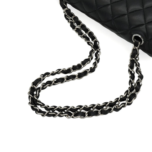 CHANEL CLASSIC FLAP SMALL CHAIN SHOULDER BAG BLACK LAMB SKIN SILVER HARDWARE 90350355