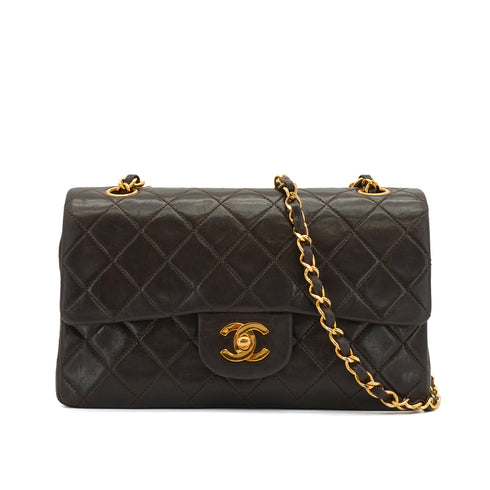 VINTAGE CHANEL CLASSIC FLAP SMALL CHAIN SHOULDER BAG BROWN LAMB SKIN GOLD HARDWARE 90338881