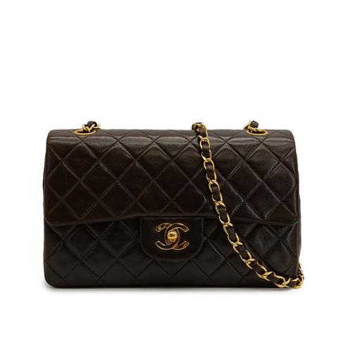 VINTAGE CHANEL CLASSIC FLAP SMALL CHAIN SHOULDER BAG BROWN LAMB SKIN GOLD HARDWARE 90321012