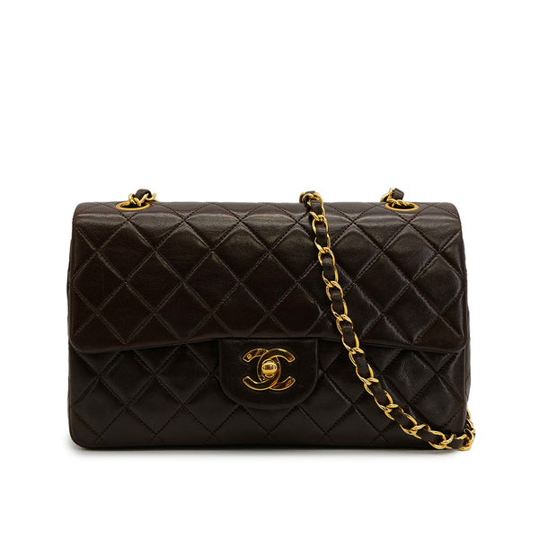 VINTAGE CHANEL CLASSIC FLAP SMALL CHAIN SHOULDER BAG BROWN LAMB SKIN GOLD HARDWARE 90321012