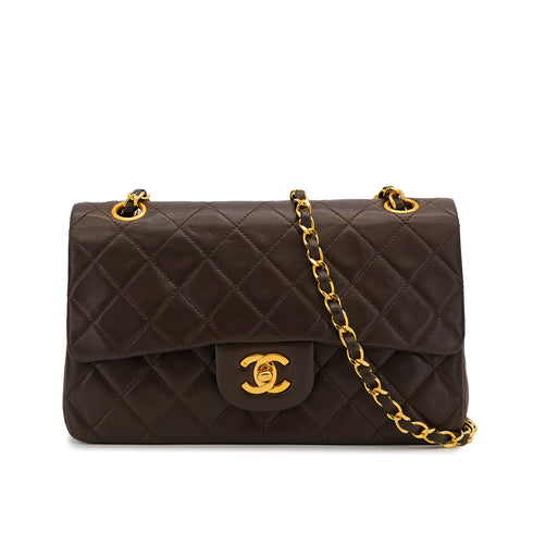 VINTAGE CHANEL CLASSIC FLAP SMALL CHAIN SHOULDER BAG BROWN LAMB SKIN GOLD HARDWARE 90322290