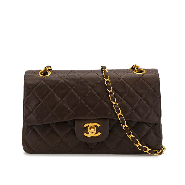 VINTAGE CHANEL CLASSIC FLAP SMALL CHAIN SHOULDER BAG BROWN LAMB SKIN GOLD HARDWARE 90322290
