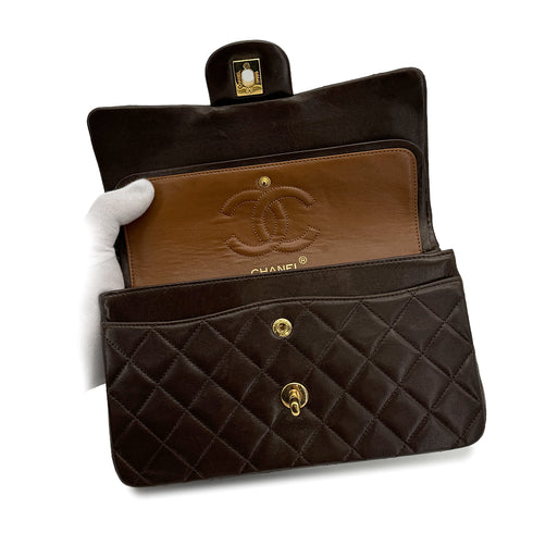 VINTAGE CHANEL CLASSIC FLAP SMALL CHAIN SHOULDER BAG BROWN LAMB SKIN GOLD HARDWARE 90322290