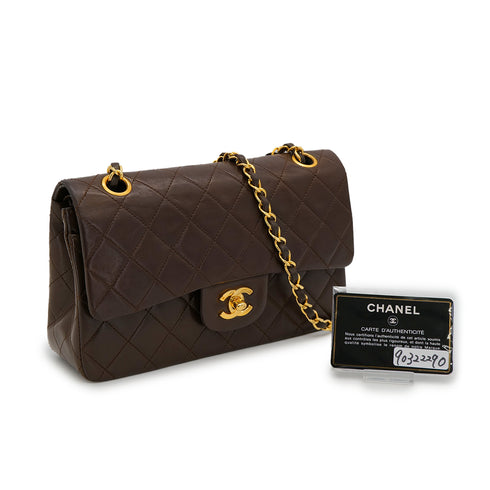 VINTAGE CHANEL CLASSIC FLAP SMALL CHAIN SHOULDER BAG BROWN LAMB SKIN GOLD HARDWARE 90322290