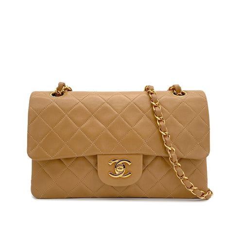 VINTAGE CHANEL CLASSIC FLAP SMALL CHAIN SHOULDER BAG LIGHT BROWN LAMB SKIN GOLD HARDWARE 90319926