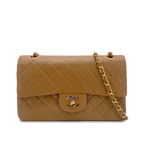 VINTAGE CHANEL CLASSIC FLAP SMALL CHAIN SHOULDER BAG LIGHT BROWN LAMB SKIN GOLD HARDWARE 90323200