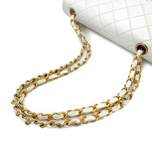 VINTAGE CHANEL CLASSIC FLAP SMALL CHAIN SHOULDER BAG WHITE LAMB SKIN GOLD HARDWARE 90322531