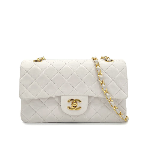 VINTAGE CHANEL CLASSIC FLAP SMALL CHAIN SHOULDER BAG WHITE LAMB SKIN GOLD HARDWARE 90319695