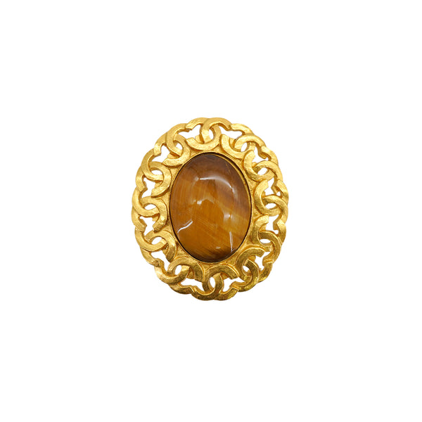 VINTAGE CHANEL COCOMARK BROOCH TIGER EYE GOLD ACCESSORY 95A 90335028